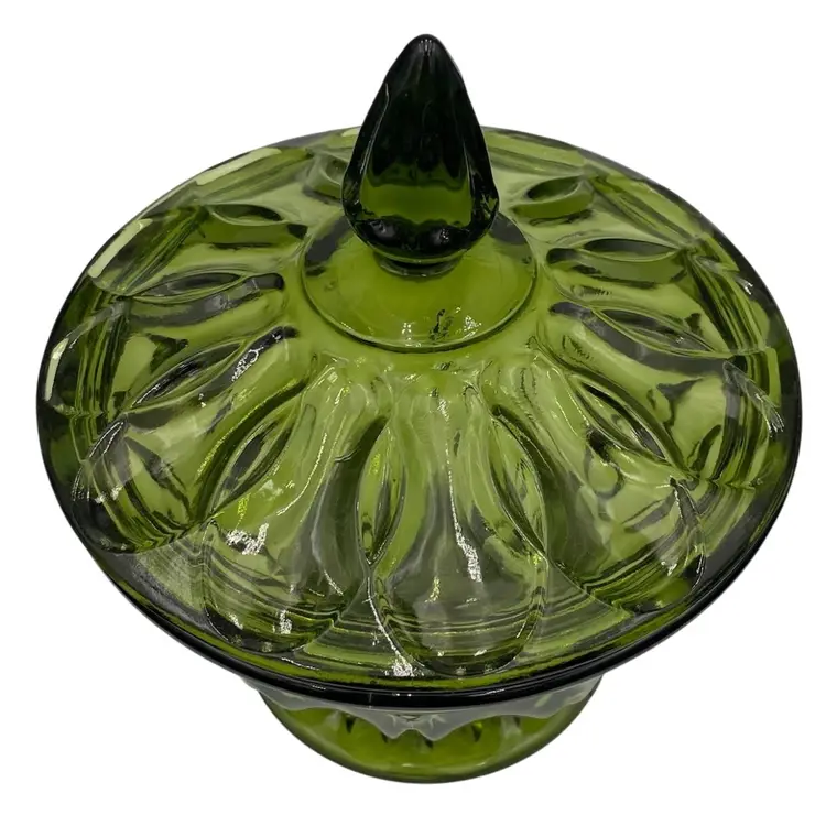 Vintage Anchor Hocking 'Fairfield', Avocado Green, Glass Candy Dish with Lid, MINT
