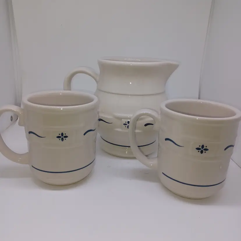 Longaberger Pottery Woven Traditions Pitcher & 2 Mugs Set Blue Made in USA