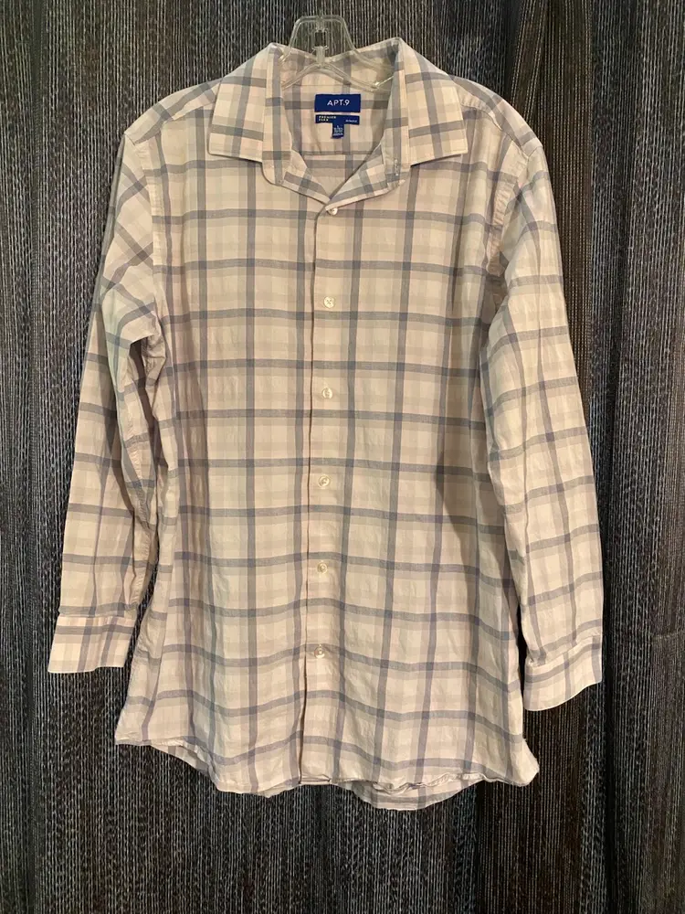 Apt. 9 Men's Large Slim Fit Premier Flex White Plaid Long Sleeve Dress Shirt