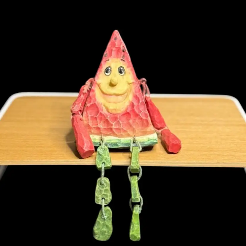 Vintage Anthropomorphic Watermelon Shelf Sitter Resin Fruit Figurine Faux Wood