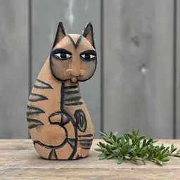 Handmade Vintage Carved Wooden Cat Made In Indonesia