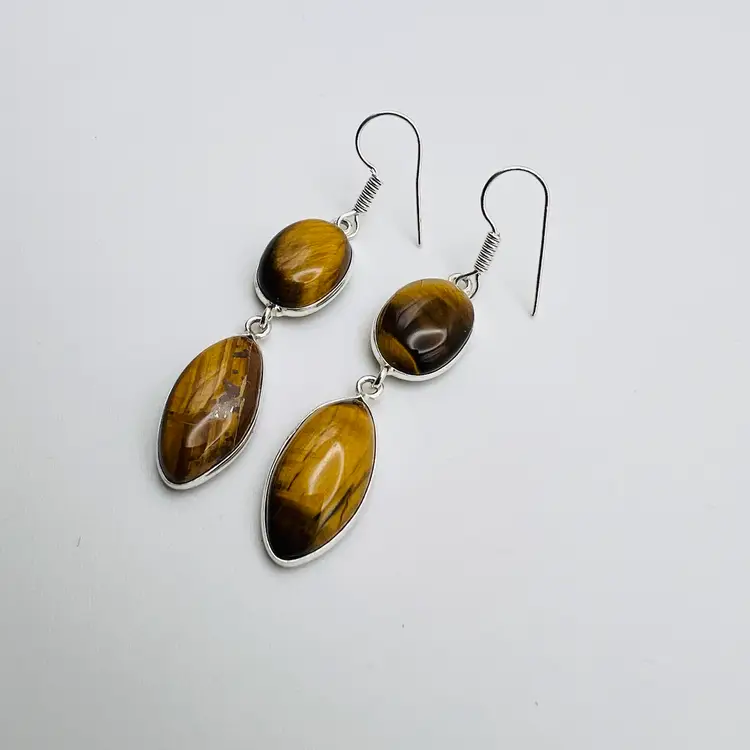 Handcrafted 2-Stone Tiger Eye Jasper Earrings in Sterling Silver Finish