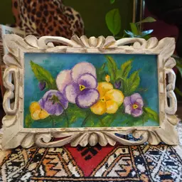 Vintage 1970s Pansies Original Oil Painting | MCM Original Oil Painting in Ornate Frame | Flower Oil Painting