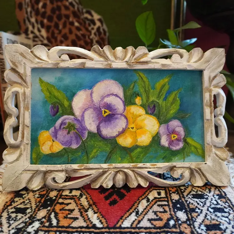 Vintage 1970s Pansies Original Oil Painting | MCM Original Oil Painting in Ornate Frame | Flower Oil Painting