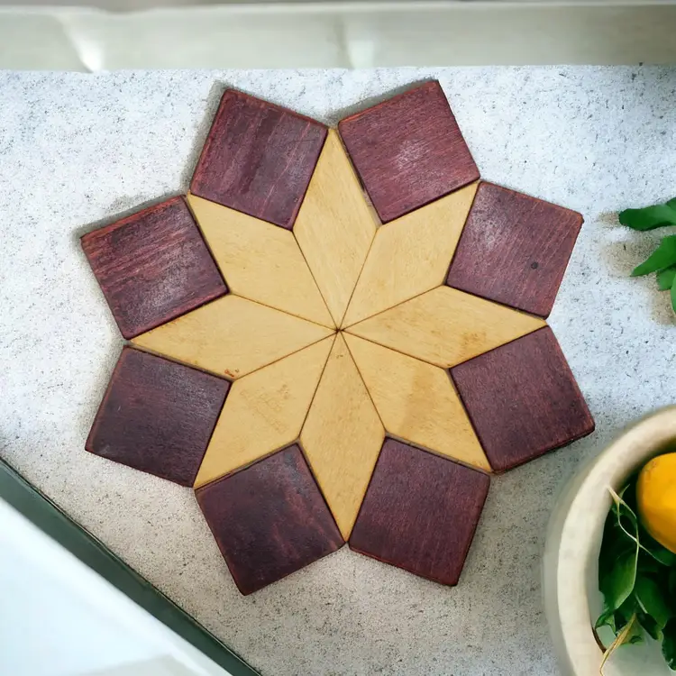 Vintage Geometric Wooden Quilt Trivet, Made in West Germany