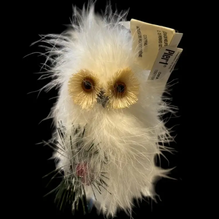 Pier One Retired White Fluffy Feather Owl Ornament NWT, 4”