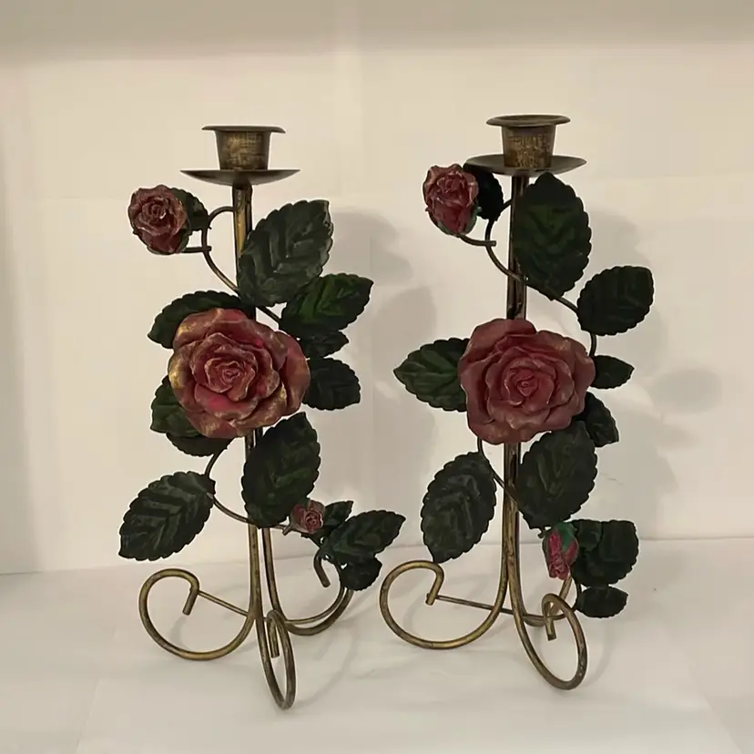 #476 VTG Pair Of Floral Metal Taper Candle Stands With Decorative Red Ceramic Roses