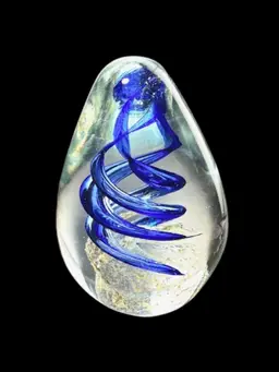 Vintage Cobalt Blue and Clear Spiral Paperweight Egg Shaped with Gold Glittery Base - 4" Tall x 3" Wide