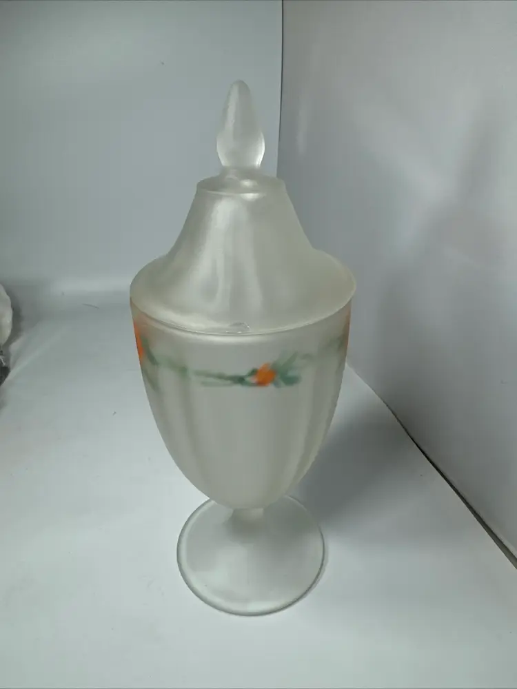 Frosted Satin Glass Lidded Candy Dish or Apothecary Jar Reverse Painted Floral