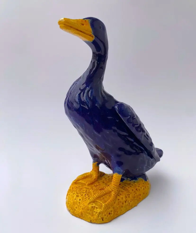*VTG* Chinese Hand-Painted Glazed Porcelain Dark Blue Duck Figurine 7.5" Tall