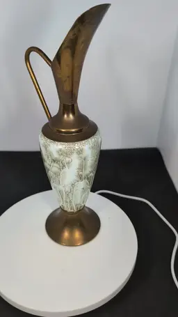 Vintage Green Delftware & Brass Green Pitcher/Ewer Vase MId Century Modern