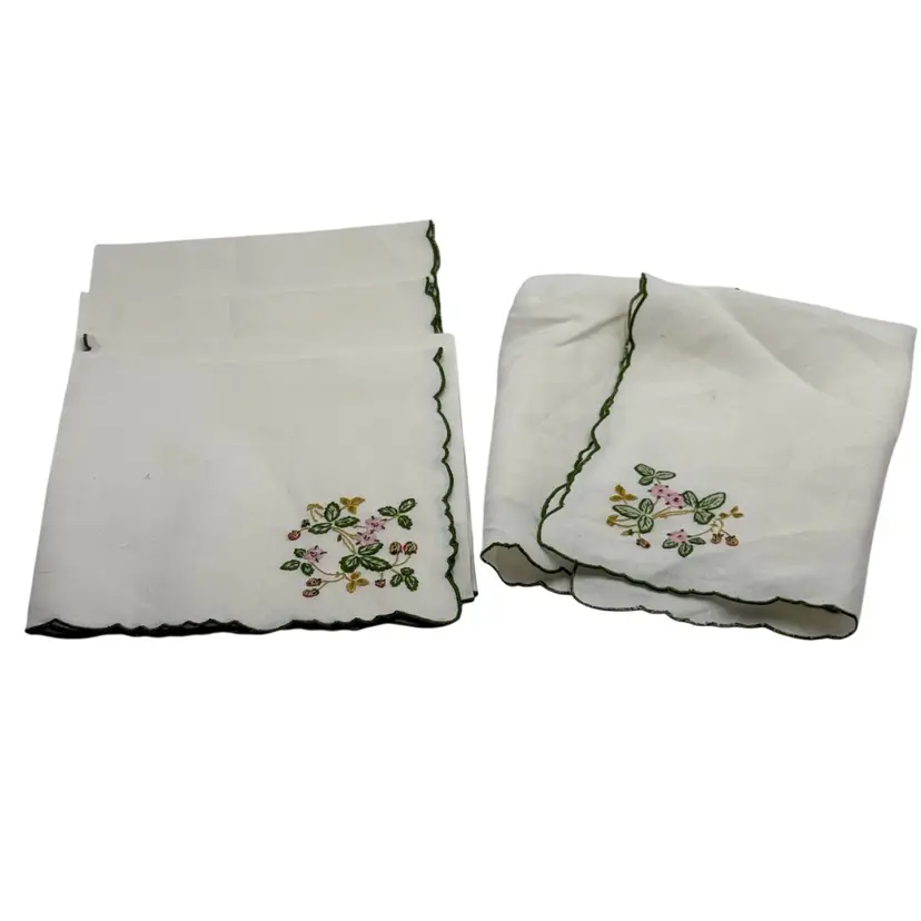 Vintage Colorful Floral Embroidered White Napkins 4 Square And 2 Rectangular