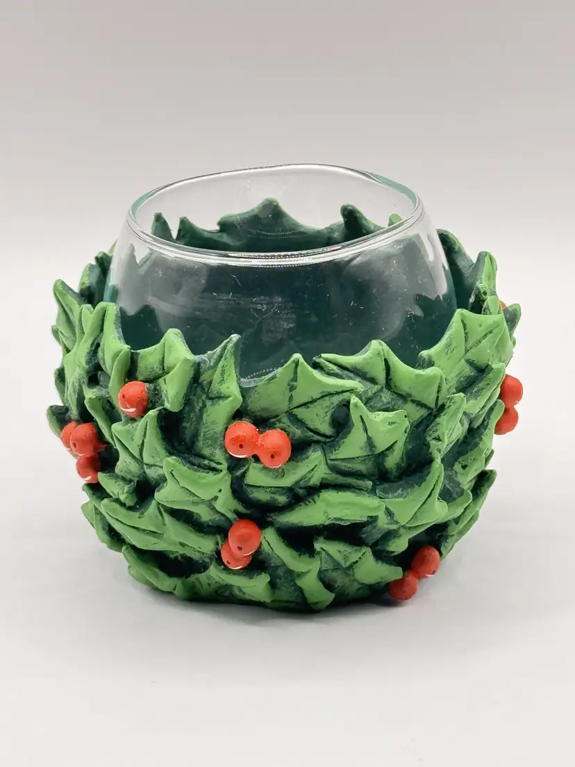 Holly Days Votive Cup with Glass Votive Candle Holder, Festive Holly Leaves and Berries, Hand-painted Resin with 3D Effects, Christmas Decor, By Department 56, Made In Taiwan