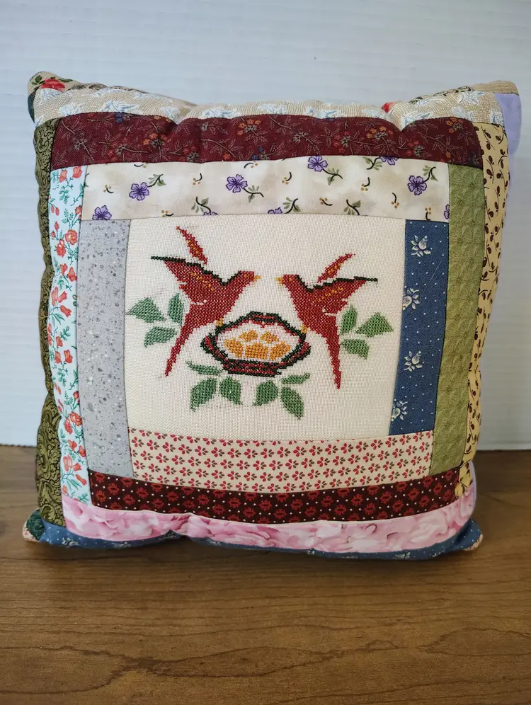 Vintage Handmade Quilted Pillow Cross Stitch Birds Log Cabin Pattern