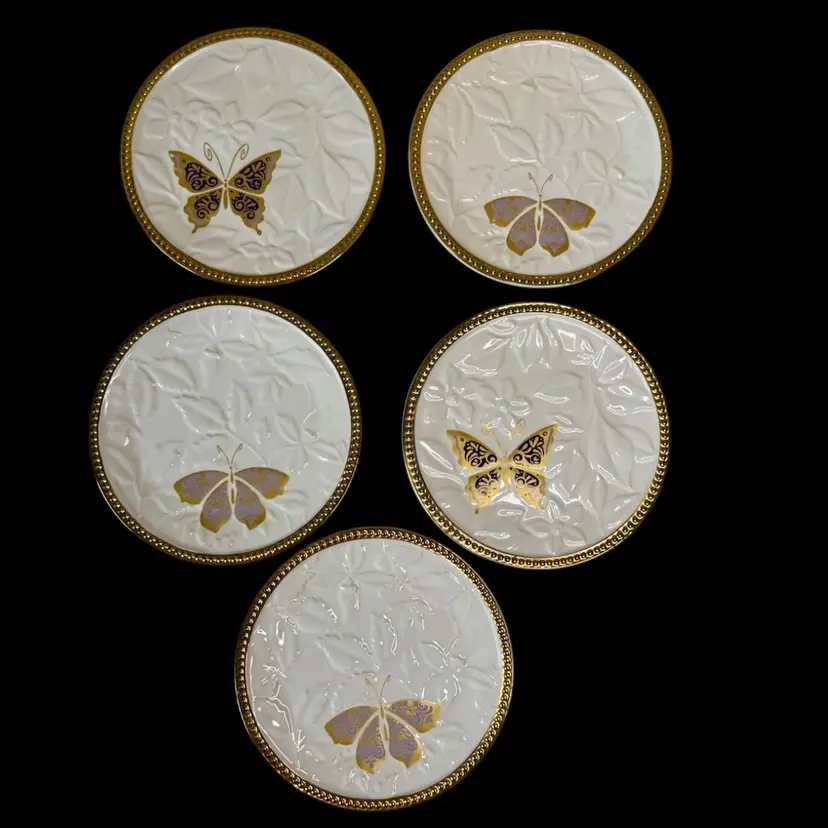 Department 56 Butterfly Dessert Plate Set of 5 Lavender and Purple Butterfly Ivory Embossed Leaf Background 6-1/4β