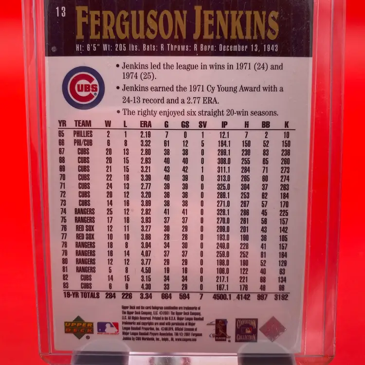 Upper Deck 2001 MLB Chicago Cubs Ferguson Jenkins Trading Card #13 - Cooperstown