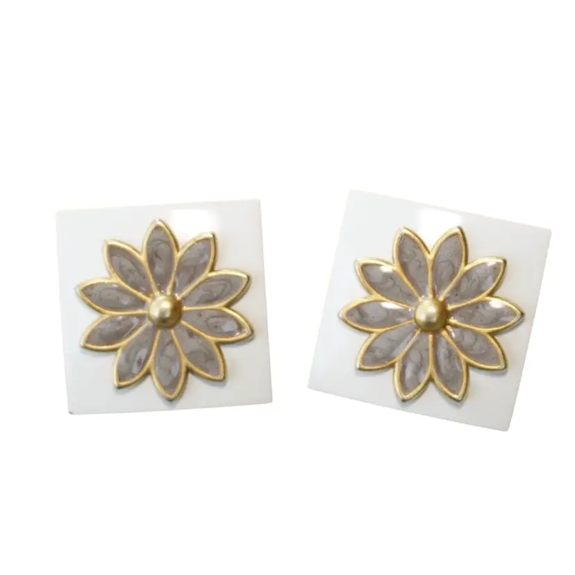Square Enamel Metal Flower Statement Post Earrings 1.125"