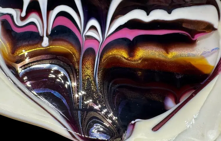 Studio Fused Art Glass Bowl Tray Fish Curved Oval Iridescent Swirl Pink Brown
