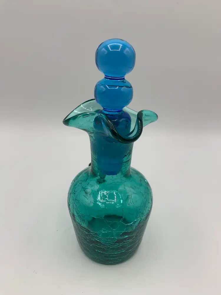 Vintage Aqua Blue Crackle Glass Cruet Stopper Applied Handle Hand Blown by Rainbow MCM