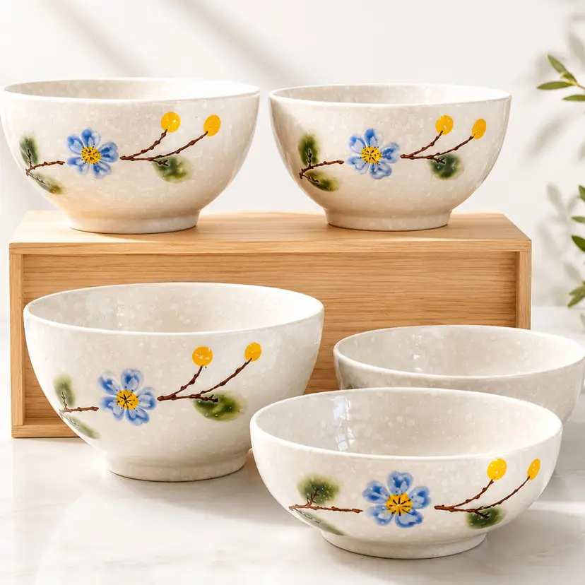 Vintage Japanese Ceramic Rice Bowl Set of 4 | Hand Painted Blue Plum Blossom | Meiryū-gama Studio Pottery Chawan | Mid Century Japan Tableware Gift Set