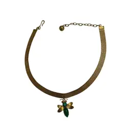 Vintage Mesh Gold-Tone Choker Necklace With Green & Gold Bug 11 1/4” With 2 1/2” Extender