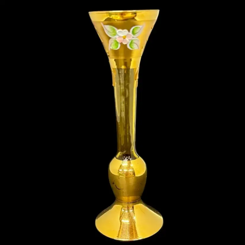 VTG Bohemian Amber Glass And Oil Painted Florals 6 1/2” Tall Hand Blown