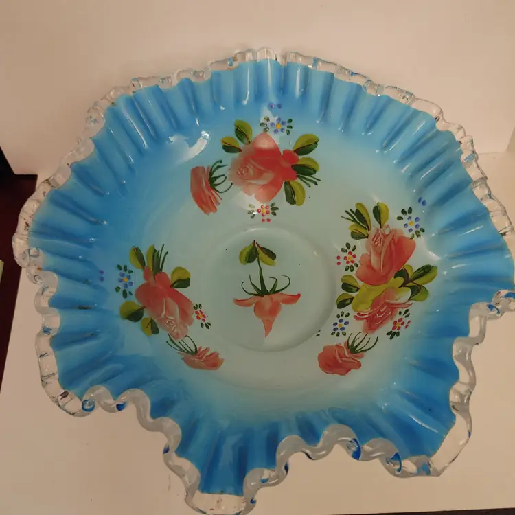 Fenton hand painted "Bride's Bowl". 1957-59. No chips. 10 in diameter. 4.25 high. Paint in great shape.
