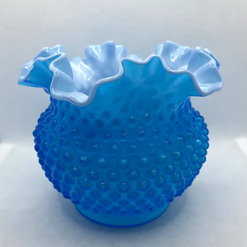 Vintage Fenton Blue Overlay Hobnail Cased Glass Vase Ruffled Crimped Rim