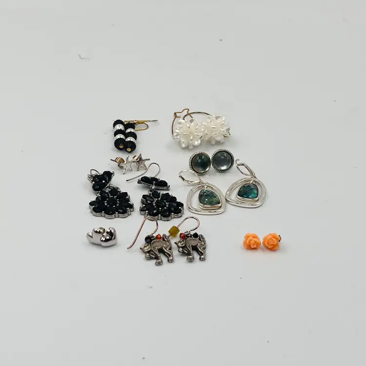 Set of 9 Pair of Vintage Earrings Lot - Mixed Styles - Black Statement, Florals and Cats