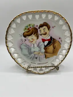 Vintage Norcrest Japan Happy Anniversary Plate Heart Shaped W/ Heart Border