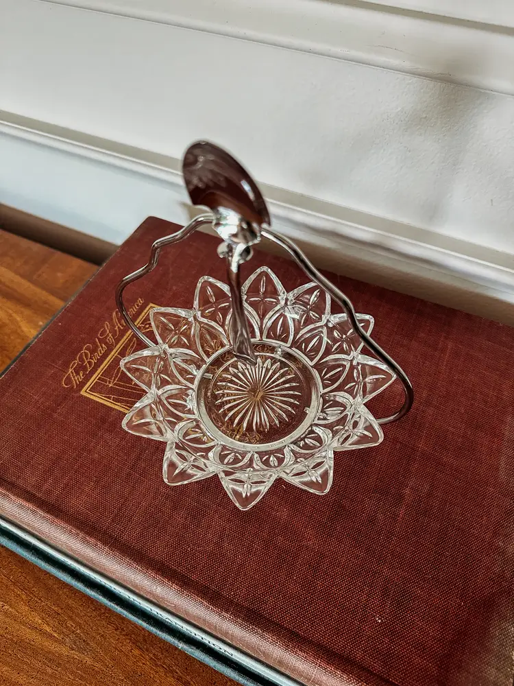 Vintage Federal Glass Condiment Relish/Jam Bowl with Silver Spoon and Carrier