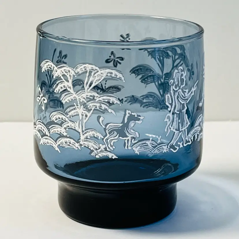 Libbey Mary Gregory Blue Short Rocks Juice Tumbler Drinking Glass Boy Girl Dog