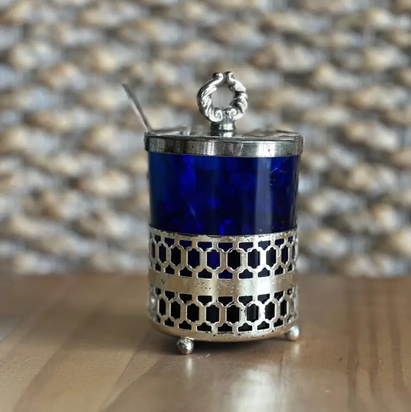 Silver Tone & Cobalt Glass Mustard Jar & Spoon