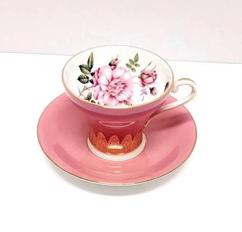 Vintage Aynsley Pink Rose Teacup & Saucer Set/Pink and Gold Cabbage Rose Design/Gold/Original Sticker/RARE Gold Lace Trim