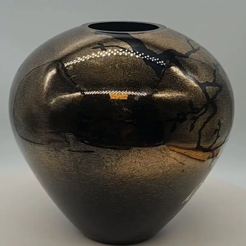 BULBOUS 1980'S VINTAGE FENTON GLASS RICHARD DELANEY METALLIC VASE BRANCH DECO