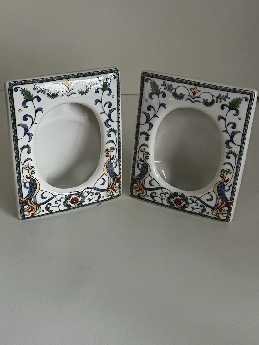 Pair Of Takashi San Francisco Ceramic Pottery Picture Frame Birds Peacocks