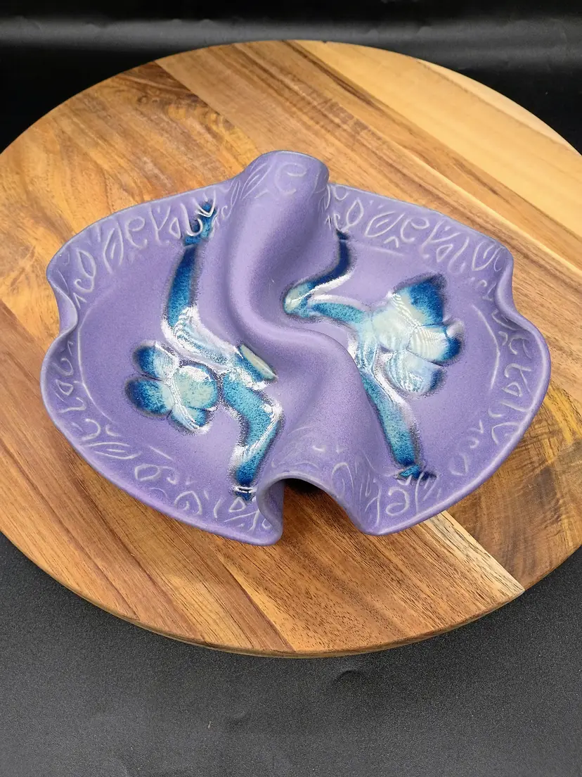 Hilborn Art Pottery Canada Freeform Divided Candy Serving Dish Purple & Blue Accents
