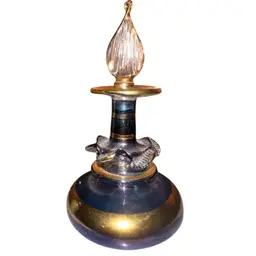 Vintage Egyptian Iridescent Bluish/Purple And Gold Mini 3 1/8” Tall Perfume Bottle