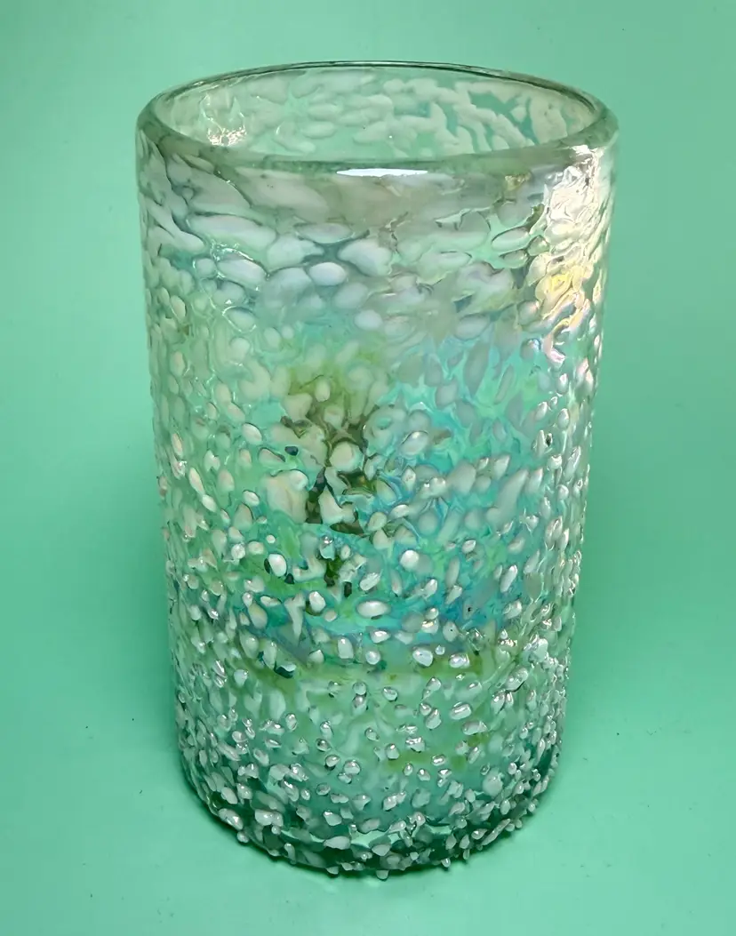 Recycled 5" Confetti Drinking Glass Hand Blown Tumbler White Pebble Iridescent
