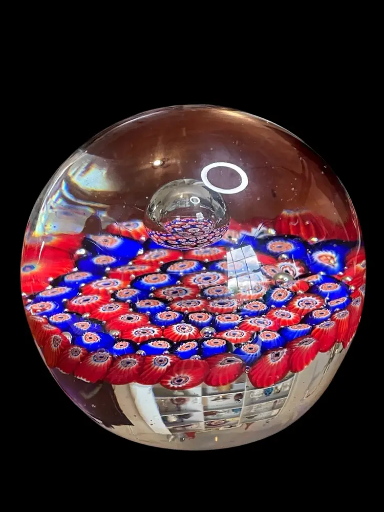 A17. Art Glass Millefiori Red , White And Blue 
Paperweight