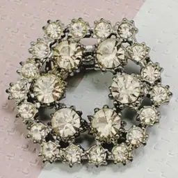 Vtg Double Hexagon Wreath Clear Sparkle Rhinestone Silver Tone Pin Brooch Estate