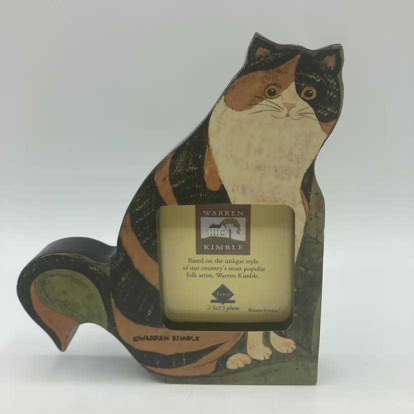 Warren Kimble "Claire" Calico Cat Kitty Picture Frame Folk Art 2.5"x2.5" Photo