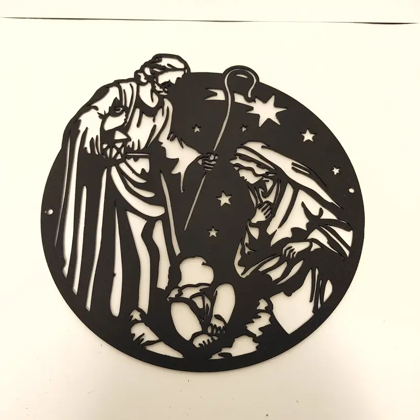 Metal Mary, Joseph and baby Jesus sign. Dimensions: W 7, H 7.75