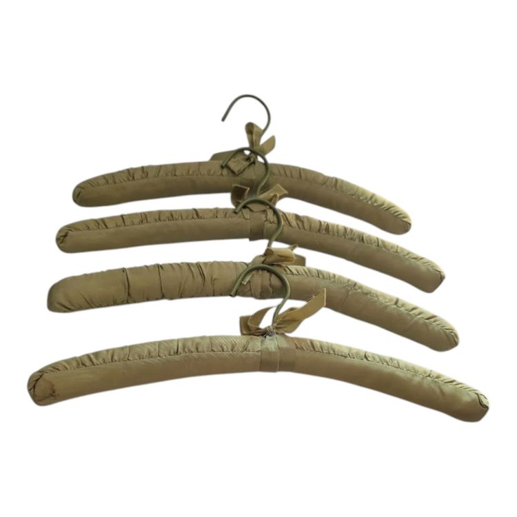 Vintage Olive Green Satin Padded Hangers With Decorative Bows - Set Of 4