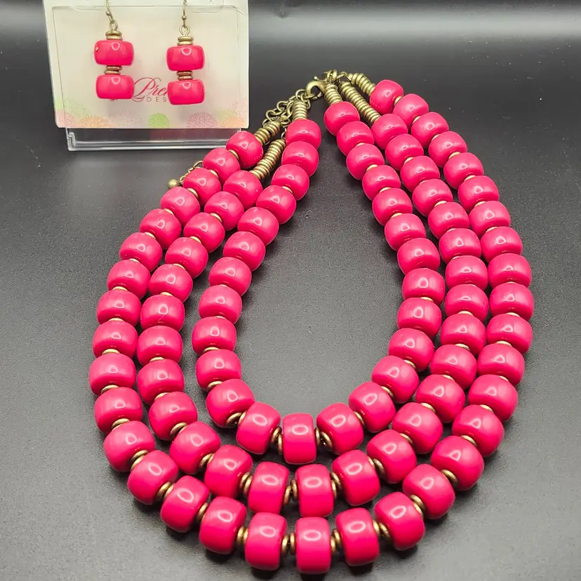#01 Bold Pink Bead Necklace & Earring Set -NOS