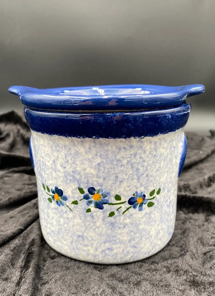 Hand-Made "B+B" Ceramic Iced Crock Server, Blue Sponge with Violets, MINT