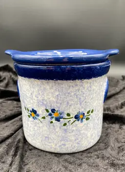 Hand-Made "B+B" Ceramic Iced Crock Server, Blue Sponge with Violets, MINT