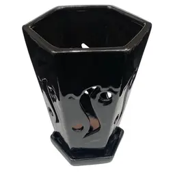 Red Clay Reticulated Hexagonal Vase, Black Glaze, Orchids/Decor, 8" Tall,#OH32-6