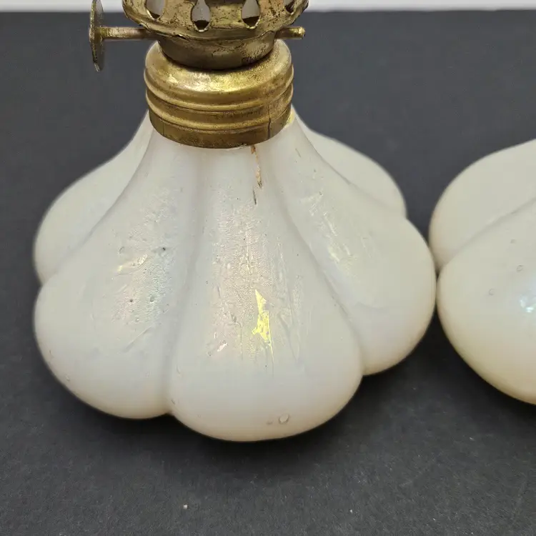 Pair Antique Pearlescent Cased Glass Miniature Oil Lamps