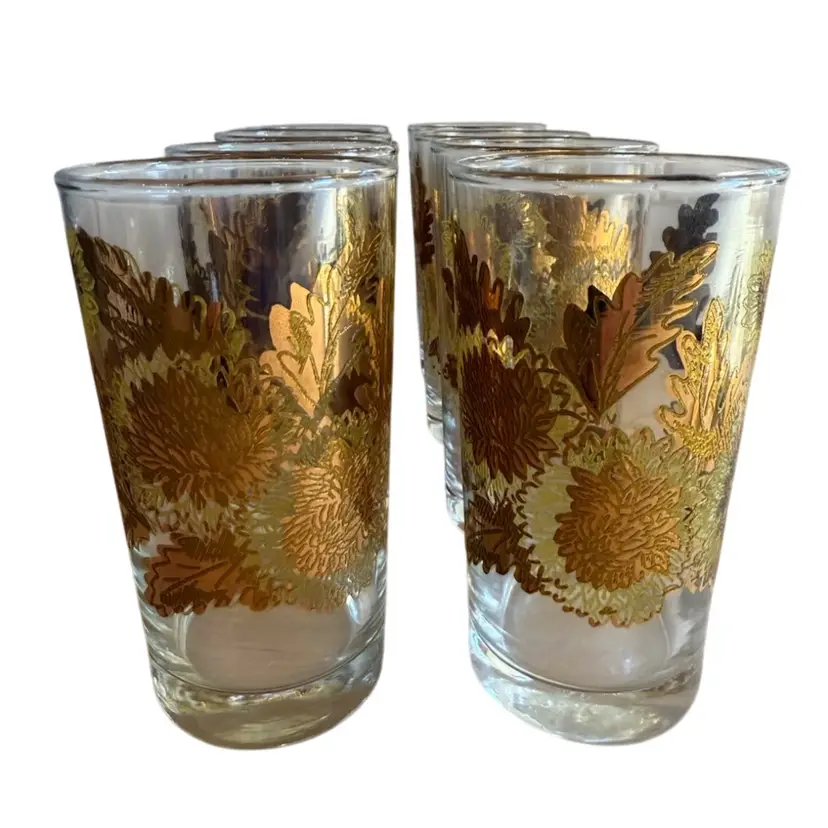 Bartlett Collins Mid-Century Golden 22k Gold Chrysanthemums Pokee 8-Piece Set Drinking Glasses